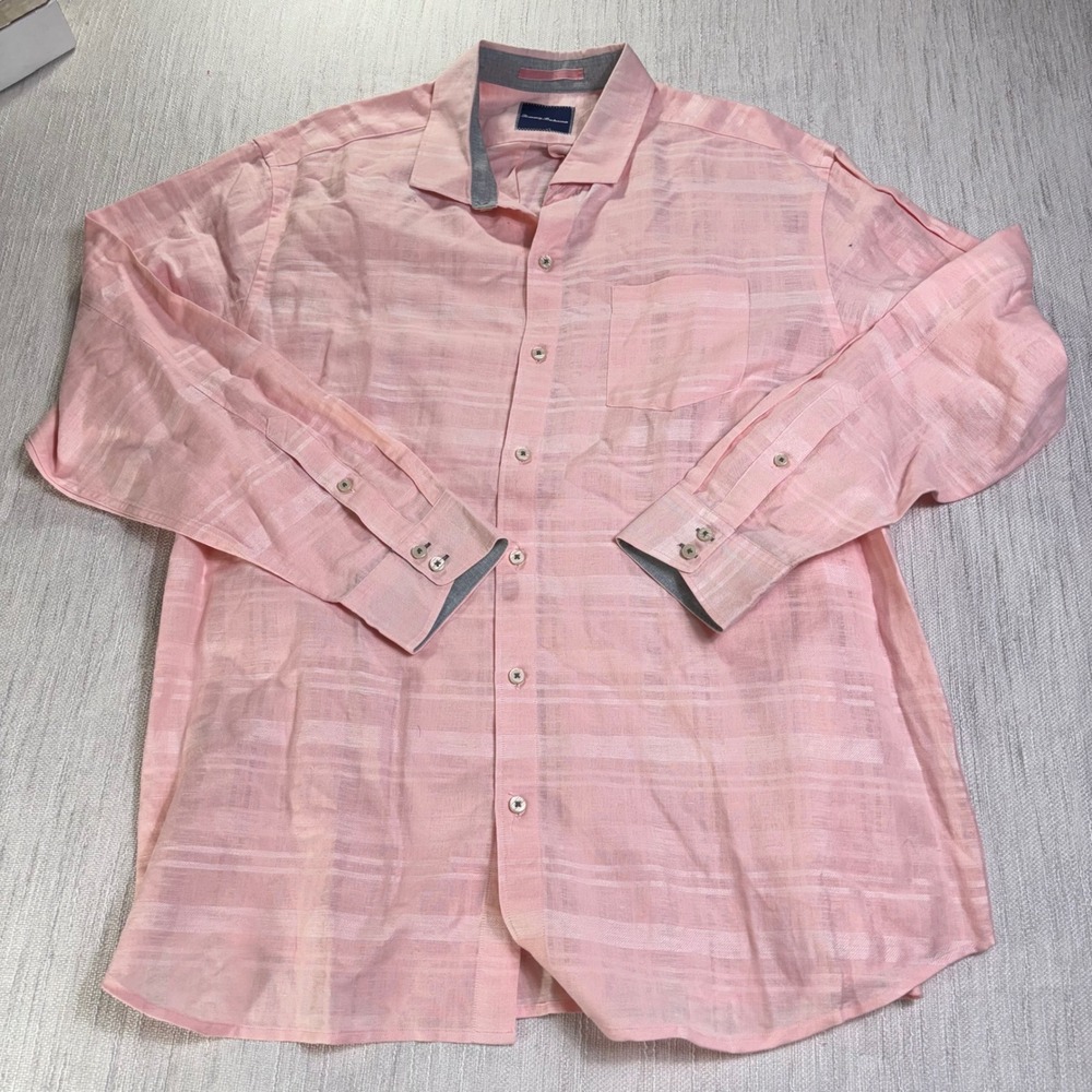 Tommy Bahama Mens Peach Pink Linen Cotton Textured Stripe Button Down Shirt XL